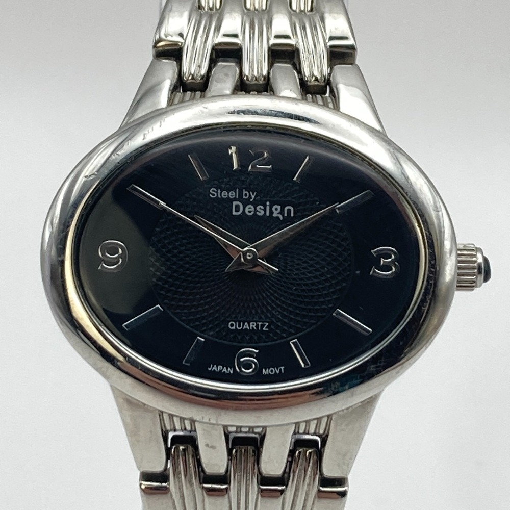 Steel by Design Women's Watch 30mm Silver Tone Black Dial 30M New Battery 6.75"